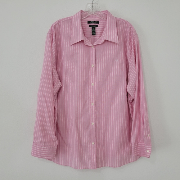 Lauren Ralph Lauren Tops - Lauren Ralph Lauren Pink Striped Logo Button Front Shirt Top Women's Plu…